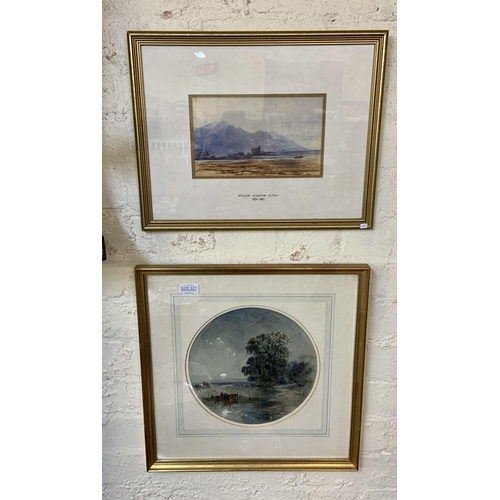 327 - 2 X GILT FRAMED VICTORIAN WATER COLOURS - ONE SHORE SCENE WITH BOAT AND CASTLE SIGNED WILLIAM LEIGHT... 