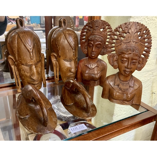 331 - 3 X PAIRS OF HARD WOOD WALL PLAQUES, 2 X AFRICAN MALE FIGURES, 2 X ELEPHANTS AND 2 X BALINESE FIGURE... 