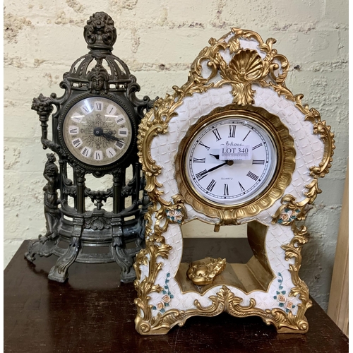 340 - CARVED ORIENTAL STYLE BOX, A JULIANA QUARTZ CLOCK AND A METAL QUARTZ CLOCK