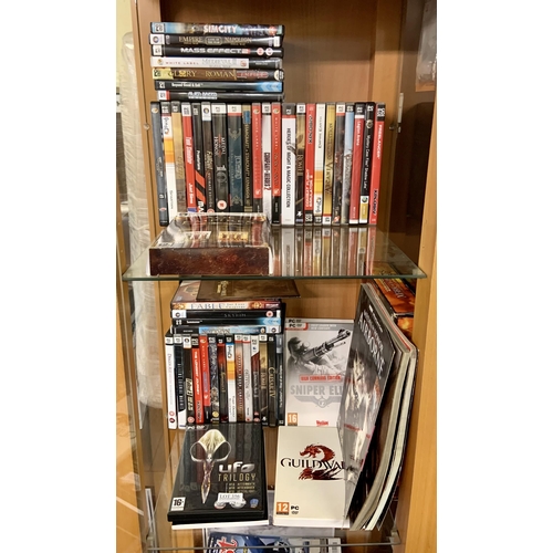 356 - 2 X SHELVES OF VARIOUS PC/DVD GAMES - APPROX 50 N TOTAL - INC. FALLOUT IN VEGAS, WARHAMMER, SNIPER E... 