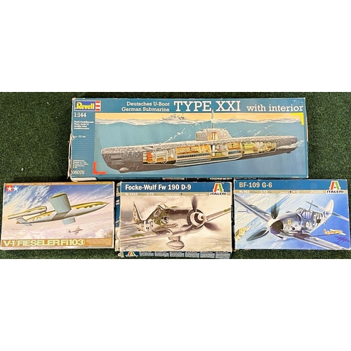 414 - REVELL U-BOAT, 2 X ITALERI MODEL PLANES BF109 AND FOCKE WULF AND A TAMIYA V1 BOMB - COMPLETE