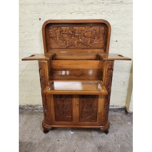 228 - CHINESE MID-CENTURY CAMPHOR WOOD CARVED DRY BAR DRINKS CABINET - 84CMW X 40CMD X 99CMH