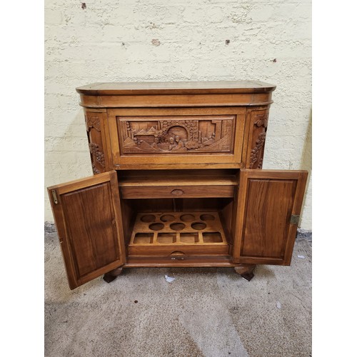 228 - CHINESE MID-CENTURY CAMPHOR WOOD CARVED DRY BAR DRINKS CABINET - 84CMW X 40CMD X 99CMH