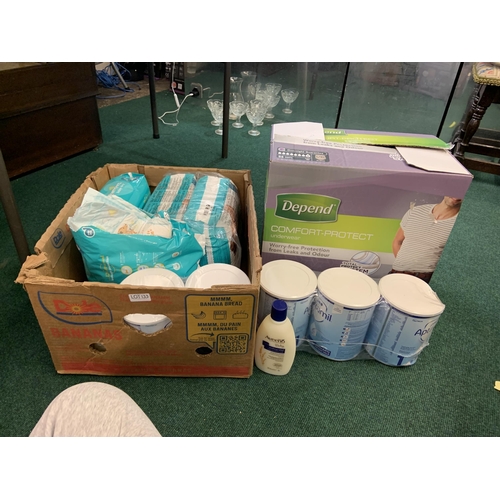 133 - BABY LOT - 5 X ACTIMIL BABY FORMULA FIRST INFANT MILK, QTY SIZE 6 PAMPERS NAPPIES, 2 X BOTTLES OF AV... 