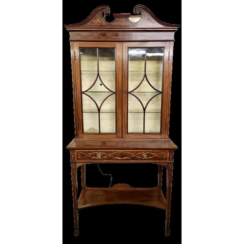 182 - VICTORIAN INLAID MAHOGANY DISPLAY CABINET: PROBABLY B Y EDWARDS AND ROBERTS - MAHOGANY SWAN NECK PED... 