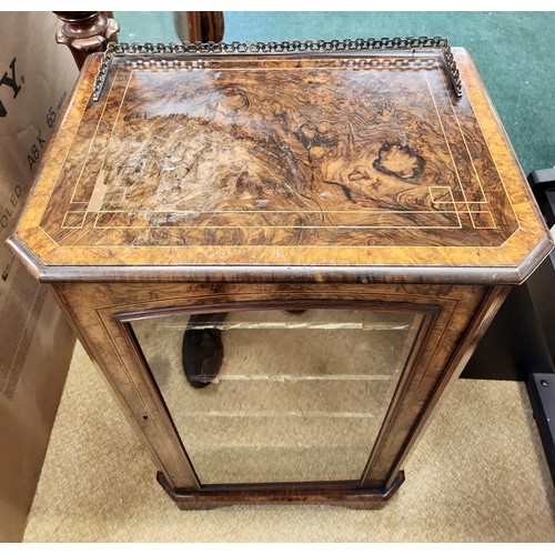 187 - VICTORIAN BURR WALNUT CABINET -BEING A MUSIC OR LOW CABINET WITH ARCHED GLAZED DOOR WITH FOR SHAPED ... 