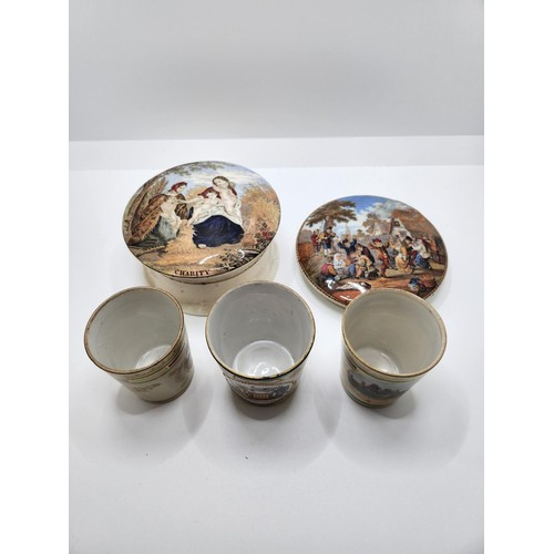 232 - 3 X SMALL BONE CHINA CUPS MARKED ARBROATH TOGETHER WITH A PRATTWARE POT LID THE VILLAGE WEDDING - WI... 