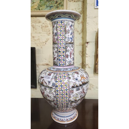 280 - LARGE PORTUGUESE POTTERY VASE, HAND PAINTED WITH PANELS OF FLOWERS, PAINTERS MARK TO BASE - 44CMH