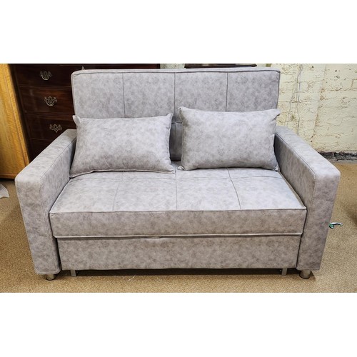 285 - GREY FAUX SUEDE TWO SEATER RECLINING BED SETTEE WITH EXTRA CUSHIONS