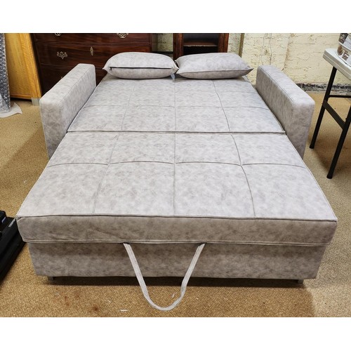 285 - GREY FAUX SUEDE TWO SEATER RECLINING BED SETTEE WITH EXTRA CUSHIONS