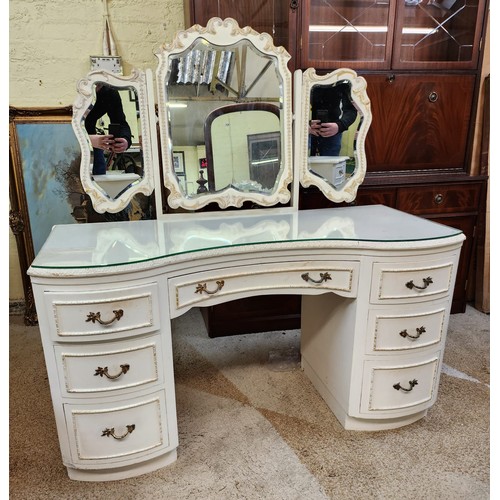 179 - IVORY TWIN PEDESTAL DRESSING TABLE, CENTRAL DRAWER AND THREE DRAWERS TO EACH SIDE.  SWAN NECK HANDLE... 