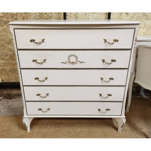 180 - 5 DRAWER IVORY CHEST OF DRAWERS TO MATCH ABOVE, WITH DECORATIVE MOULDING AND SWAN NECK HANDLES, SHAP... 