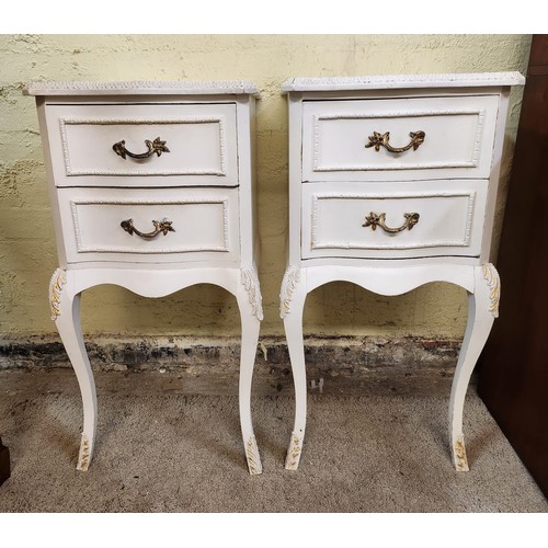 181 - A PAIR OF GLASS TOPPED WALL HANGING IVORY BEDSIDE CABINETS ON CABRIOLE LEGS, 2 DRAWERS WITH SWAN NEC... 