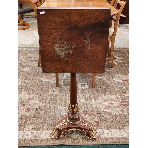 184 - SNAP TOP SQUARE SIDE TABLE WITH DECORATIVE TRIOPOD BASE, WATER MARK TO TOP