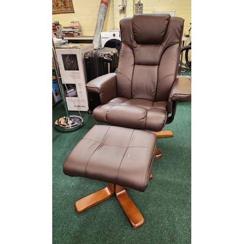 185 - PUSH BACK RECLINING LEATHER ARM CHAIR WITH 2 X MATCHING FOOTSTOOLS - BROWN WITH WOODEN STAR BASE