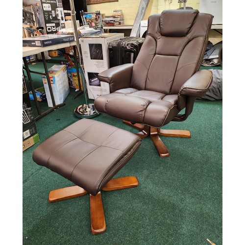 185 - PUSH BACK RECLINING LEATHER ARM CHAIR WITH 2 X MATCHING FOOTSTOOLS - BROWN WITH WOODEN STAR BASE