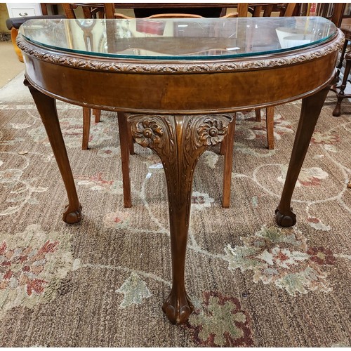 187 - A HALF MOON HALL TABLE WITH CARVED QUEEN ANNE DECORATIVE LEGS, WITH GLASS TOP