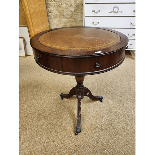 190 - MG FURNITURE LTD. CIRCULAR SIDE TABLE WITH LEATHER TOP, WITH 2 X DRAWERS ON TRIPOD BASE (LOOSE TOP)