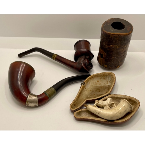 204 - PIPE SMOKING ITEMS - INCL. A DANISH CALABASH STYLE, A PIPE IN THE FORM OF A NATIVE AMERICAN IN STOVE... 