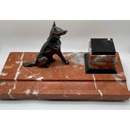 210 - Art Deco Desk Tidy on Red Marble Base - Alsatian dog -signed 'TEDD' to the tail with black marble co... 