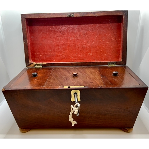 220 - A VICTORIAN MAHOGANY 'SARCOPHAGUS' TEA CADDY WITH KEY -BRASS HINGES, ESCUTCHEON AND LOCK - LATER REP... 