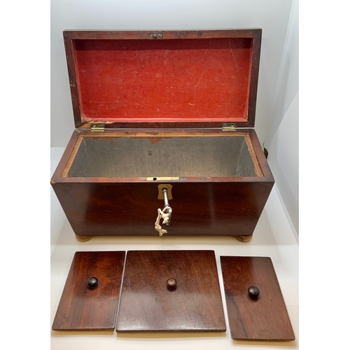 220 - A VICTORIAN MAHOGANY 'SARCOPHAGUS' TEA CADDY WITH KEY -BRASS HINGES, ESCUTCHEON AND LOCK - LATER REP... 