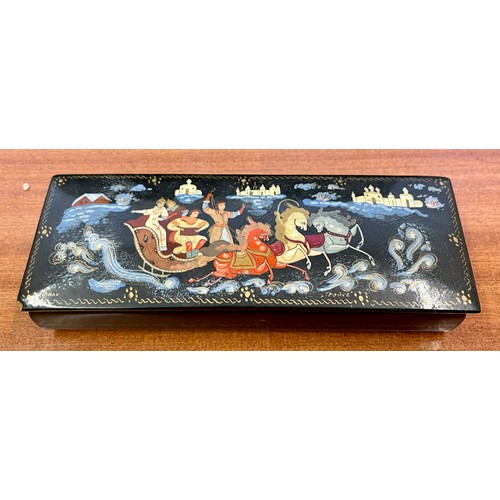 224 - LACQUERED RUSSIAN HANDPAINTED TROIKA BOX, CARVED TRINKET BOX & 1 OTHER