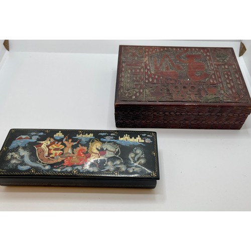 224 - LACQUERED RUSSIAN HANDPAINTED TROIKA BOX, CARVED TRINKET BOX & 1 OTHER