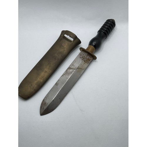 267 - A Siebe Gorman British divers' knife with straight through tang and annular turned ebony style(?) ha... 