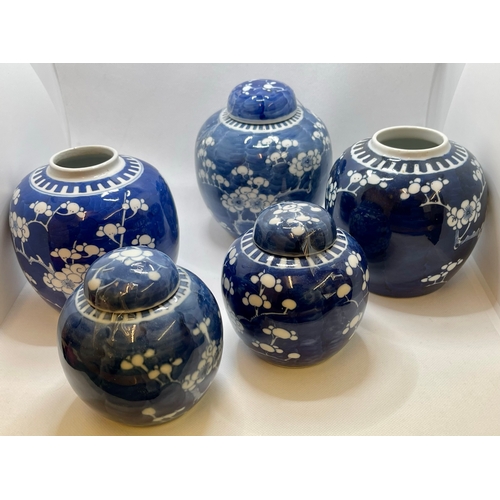 285 - FIVE(5) 19TH/20TH CENTURYT CHINESE PRUNUS JARS, THREE (3) WITH COVERS -VARIOUS HEIGHTS -TALLEST 15CM... 