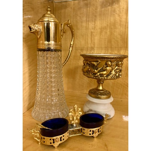 213 - GILT MOUNTED CLARET JUG, GILT MOUNTED ALABASTER FOOTED BOWL, GILT & BLUE GLASS TWIN SALTS WITH SPOON