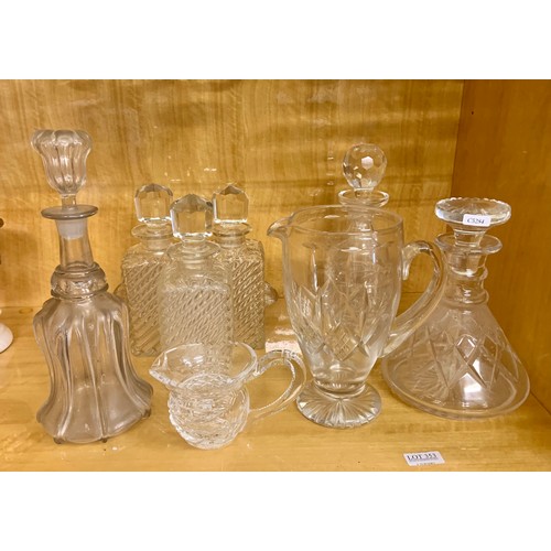 214 - SIX (6) VINTAGE & MODERN DECANTERS, 2 LEAD CRYSTAL JUGS