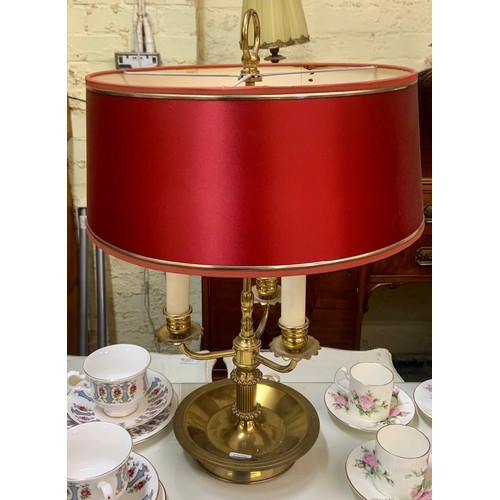 258 - TABLE LAMP & SHADE -FRENCH EMPIRE STYLE BRASS DESK OR TABLE LAMP WITH TRIPLE LIGHT FITTING AND RED A... 