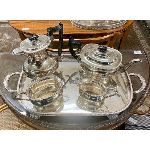 301 - SILVER PLATED WARES INCL: A1 SHEFFILED PLATE TEA SET OF TEA POT, COFFEE POT, MILK & SUGAR ON A LARGE... 