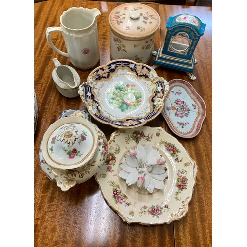 304 - ANTIQUE CONTINENTAL CERAMICS BLUE & GILT TAZZA WITH STAPLE REPAIR, TRANSFER PRINTED BISCUIT BARREL W... 