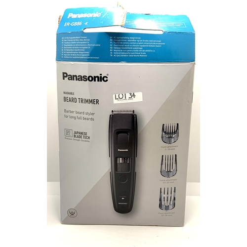 34 - BOXED PANASONIC WASHABLE BEARD TRIMMER WITH VARIOUS COMB ATTACHMENTS