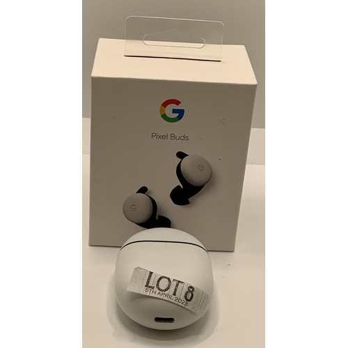 8 - BOXED PAIR OF GOOGLE PIXEL EARBUDS (CLEARLY WHITE) IN CHARGING CASE