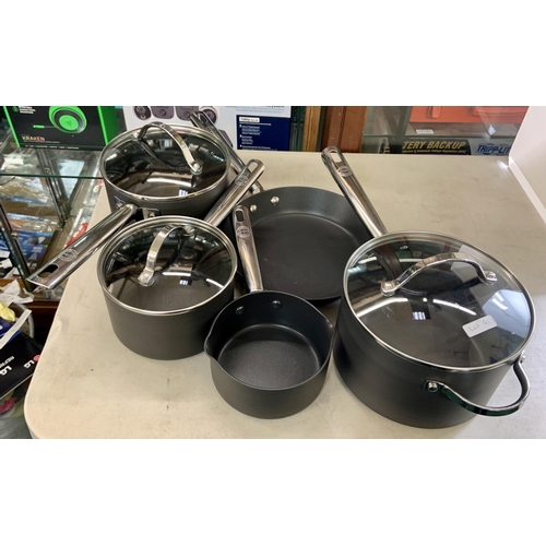 91 - EIGHT (8) PIECE ANOLON HARD ANODISED PAN SET 5 PANS/3 LIDS