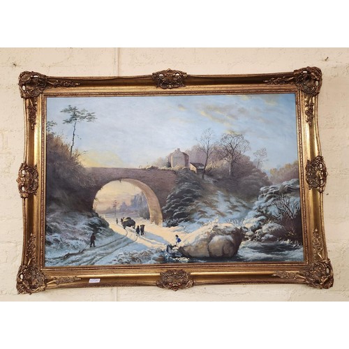 165 - Large, framed oil on canvas signed bottom left ' J Benot' being a continental winter scene -depictin... 