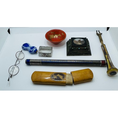 325 - UNUSUAL LOT INCL. Antique Mauchline Ware Spectacle Case with a Transfer Print of the Torc Falls Kill... 