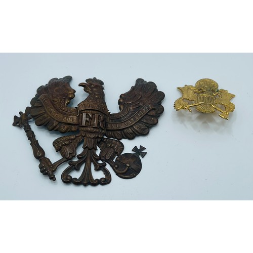 324 - GERMAN PICKELHAUBE HELMET BADGE BROKEN IN THREE PIECES C.1914-18, TOGETHER WITH AN AMERICAN WWII OFF... 