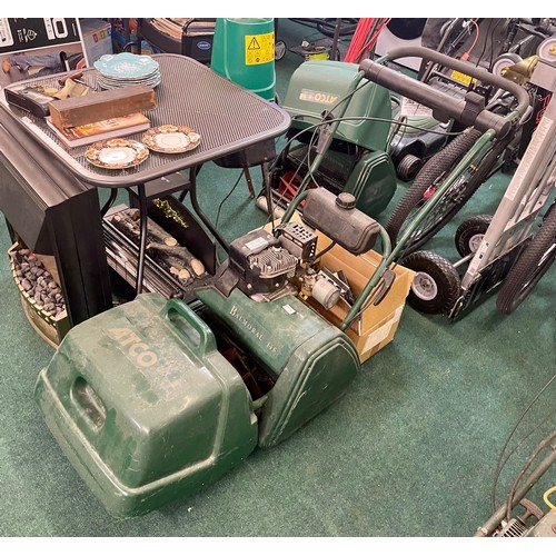 240 - ATCO PETROL LAWNMOWER - ATCO BALMORAL QX PETROL LAWNMOWER WITH GRASS BOX & SCARIFIER CASSETTE