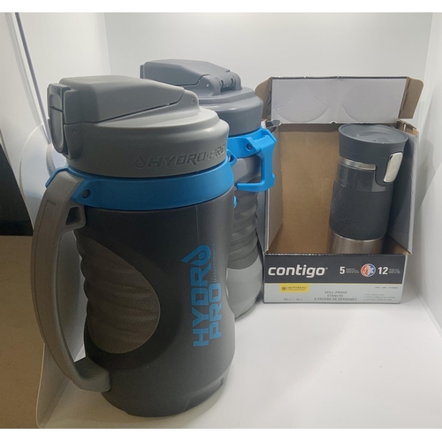 89 - SET OF 2 HYDRO PRO 1.9L SPORTS DRINKING FLASKS TOGETHER WITH A CONTIGO SPILL PROOF THERMO FLASK