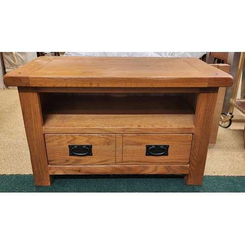 205 - HEAVY OAK TWO DRAWER TABLE WITH OPENING ABOVE DRAWERS