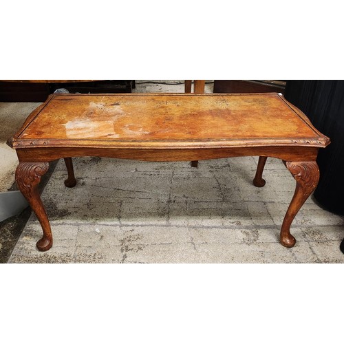 210 - SMALL COFFEE TABLE ON QUEEN ANNE FEET, CARVED LEGS (NOTE MISSING GLASS TOP)