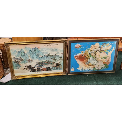 213 - TWO ORIENTAL STYLE PRINTS (VILLAGE AND MOUNTAIN SCENE), AND VINTAGE CHINESE NEW YEAR PRINT -FRAMED