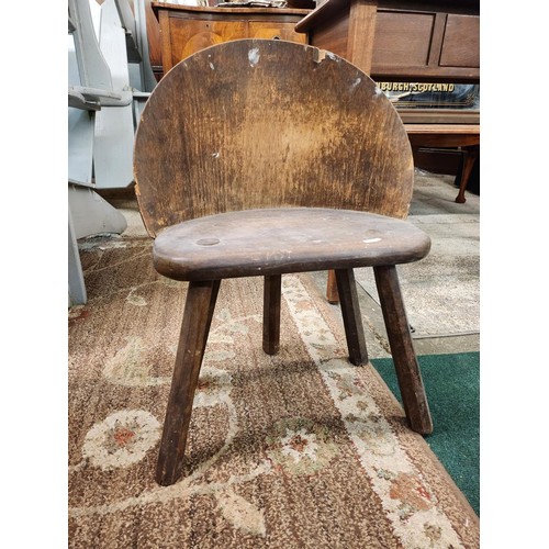 216 - UNUSUAL FIVE-LEGGED ANTIQUE OAK MILKING STOOL WITH CURVED BACK