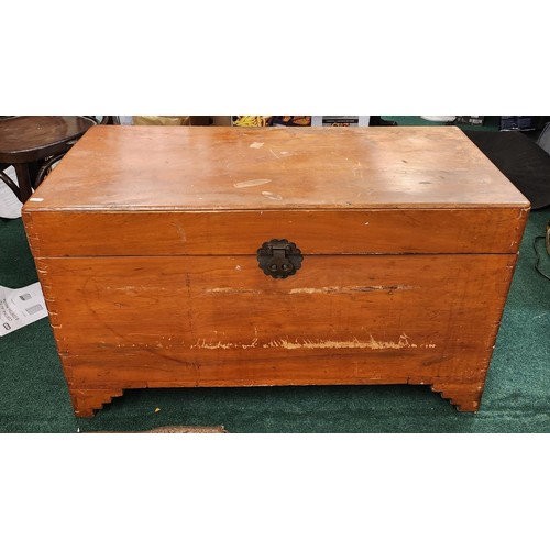 217 - LARGE WOODEN CHEST WITH CARRY HANDLES AND HINGED LOCK