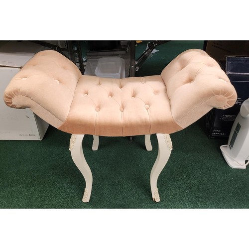 222 - PINK UPHOLSTERED BUTTON TOPPED WINGED DRESSING TABLE CHAIR ON IVORY LEGS