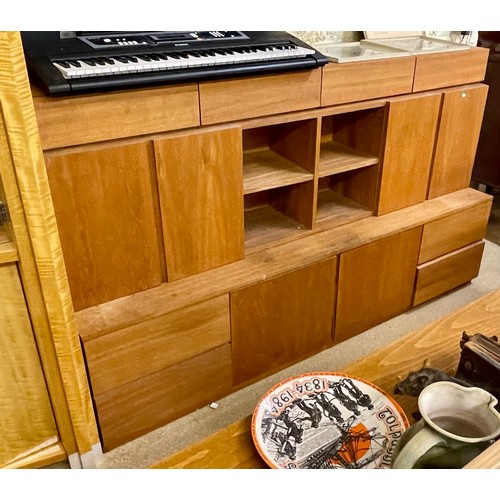232 - A TEAK MODULAR WALL MOUNTED UNIT -IN 3 PARTS -FLOOR STANDING CUPBOARD AND DRAWER UNTI, CENTRE DRAWER... 